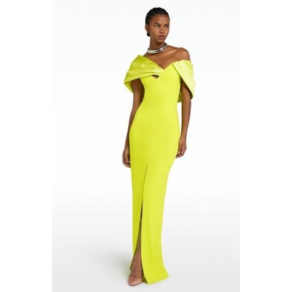 NWT $2230 Safiyaa Abra crêpe and satin gowncape-effect Sz S neon Green Cocktail - Picture 3 of 16